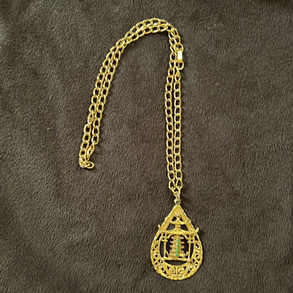 Pagoda Necklace Pendant, Asian Inspired, Vintage 1970's
